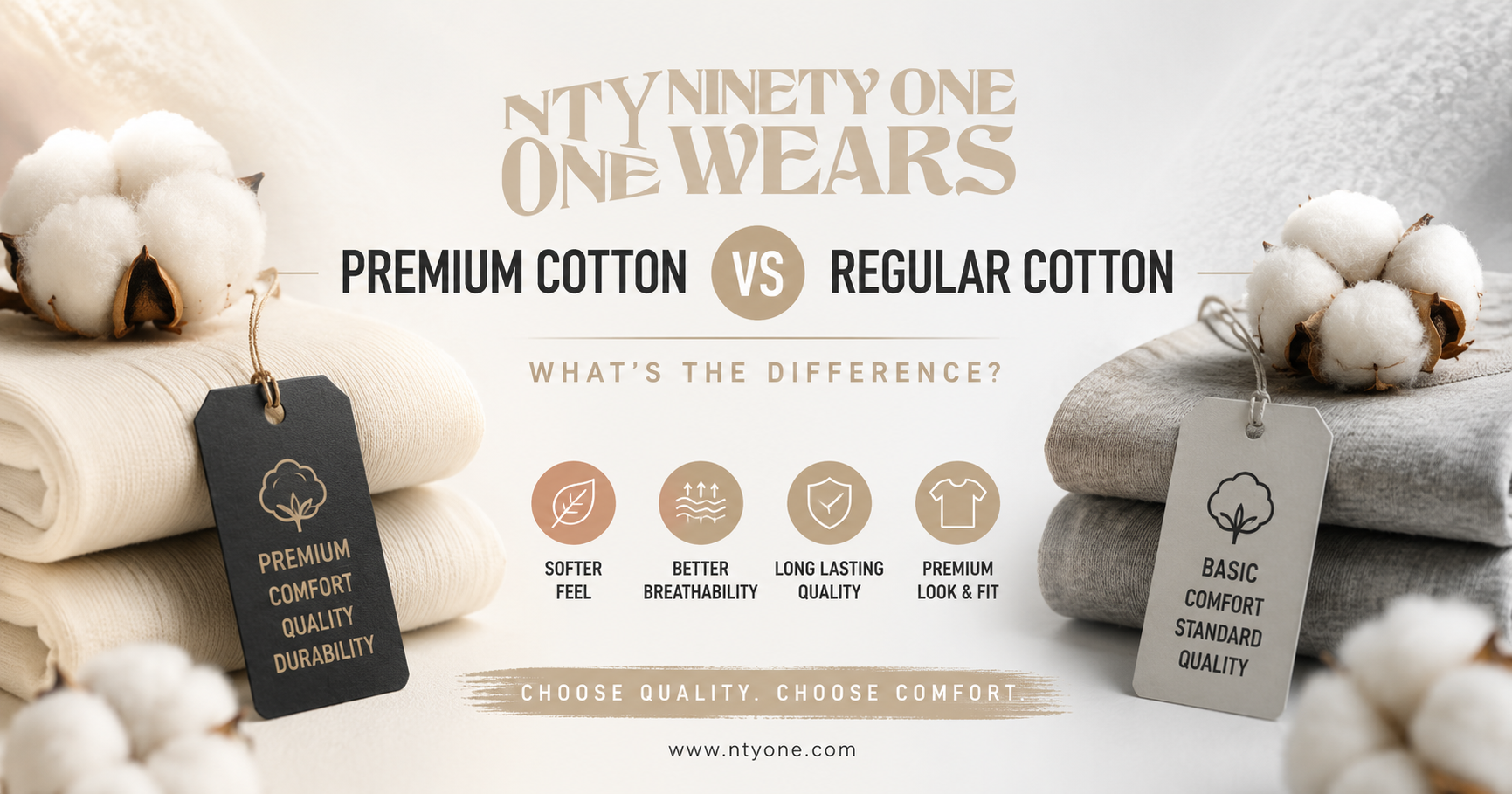 Comparison of premium cotton and regular cotton T-shirts showing differences in fabric quality.